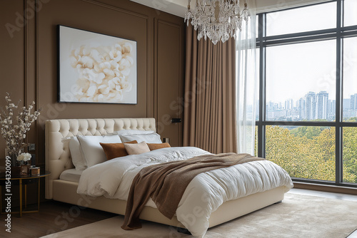 Modern bedroom interior in a skyscraper, color scheme Mocha Mousse, for business, for banners. The trending color is 2025.