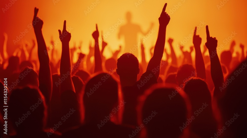 Enthusiastic Crowd with Raised Hands at a Concert in Orange Light Enthusiastic Crowd with Raised Hands at a Concert in Orange Light