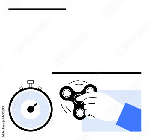 Hand holding a fidget spinner stopwatch nearby. Ideal for time management, stress relief, productivity, focus enhancement, mindfulness, relaxation techniques, and multitasking concepts. Line