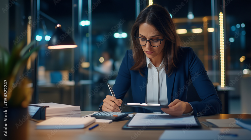 A professional woman using a calculator and taking notes in an office setting, emphasizing focus and financial management calculator, professional, notes, focus, financial manageme A professional woman using a calculator and taking notes in an office setting, emphasizing focus and financial management calculator, professional, notes, focus, financial manageme