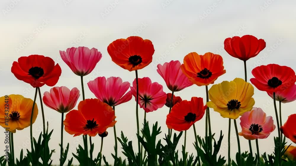 Vibrant field of blooming anemones during late spring against a cloudy sky Vibrant field of blooming anemones during late spring against a cloudy sky