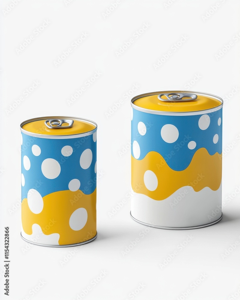 Two colorful beverage cans with playful designs featuring blue and yellow patterns, creating a vibrant visual appeal. Two colorful beverage cans with playful designs featuring blue and yellow patterns, creating a vibrant visual appeal.