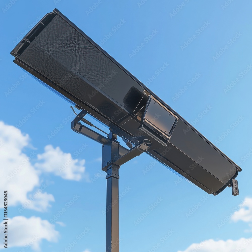 Black sound speaker mounted on a pole against a clear blue sky with fluffy clouds. Black sound speaker mounted on a pole against a clear blue sky with fluffy clouds.