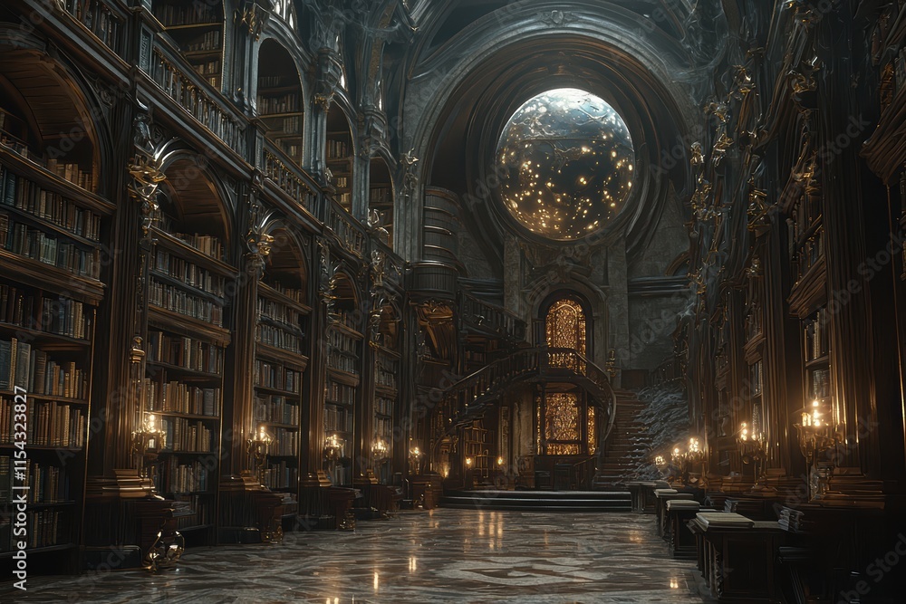 Enchanting library scene with towering bookshelves mystical atmosphere high fidelity cozy ambience artistic perspective Enchanting library scene with towering bookshelves mystical atmosphere high fidelity cozy ambience artistic perspective