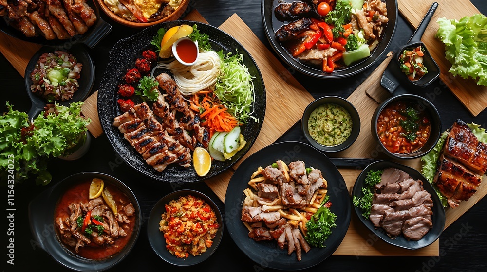 Delicious Asian Cuisine Overhead Photo. AI Generated Delicious Asian Cuisine Overhead Photo. AI Generated