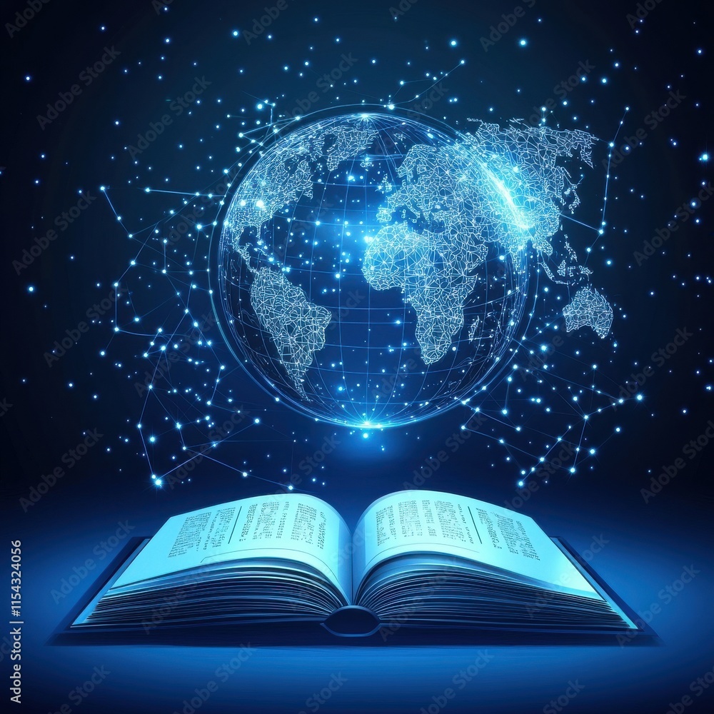 Obraz premium An open book with a glowing world map above, symbolizing knowledge and global connectivity.