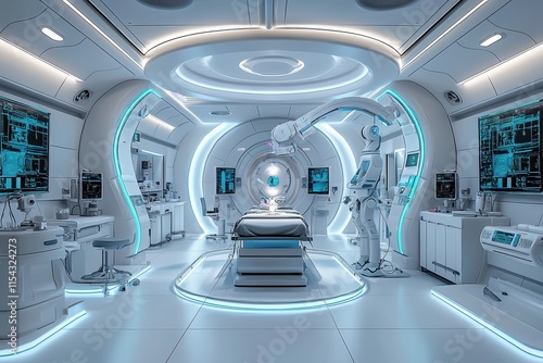 Futuristic medical lab design high-tech facility digital art sleek environment wide-angle view innovation in healthcare