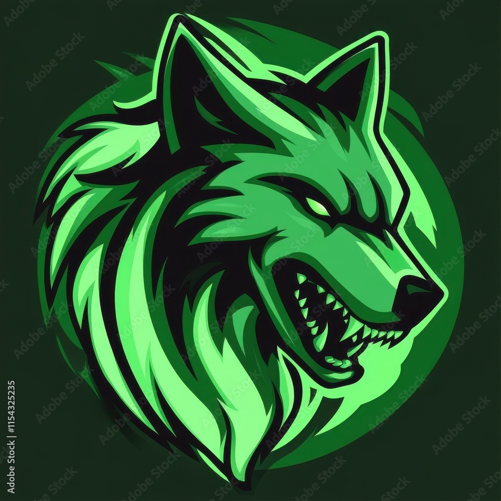 Fototapeta premium A fierce green wolf head illustration with sharp features and menacing expression, set against a dark background.