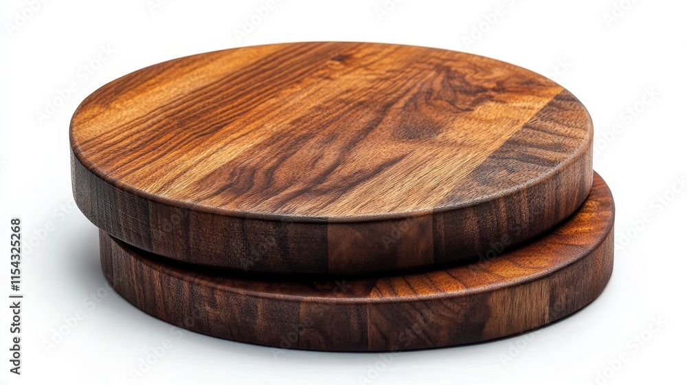 Round boards for serving pizza, steak or cheese. Brown wooden chopping boards set, isolated on white, Generative AI Round boards for serving pizza, steak or cheese. Brown wooden chopping boards set, isolated on white, Generative AI