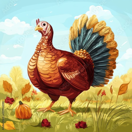 Colorful illustration of a proud turkey amidst autumn leaves and a pumpkin. photo