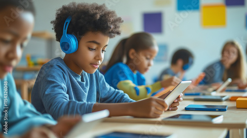 Students in a classroom using digital tablets and headphones for interactive learning, exploring modern education methods