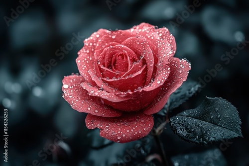 Closeup of a dewy red rose nature's beauty high fidelity photography dark background macro view floral concept