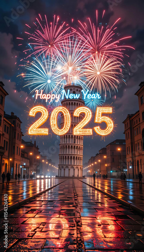 Happy New Year 2025: Festive Fireworks over the Leaning Tower of Pisa