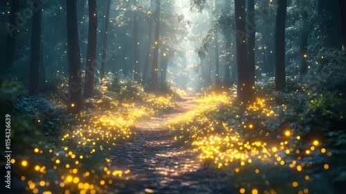 Magical forest path illuminated by fireflies at twilight.