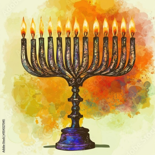 A beautifully designed menorah with nine candles lit, set against a vibrant, colorful background. photo