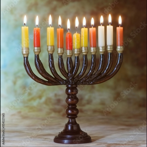 A beautiful menorah with lit candles, showcasing a warm glow and festive colors.