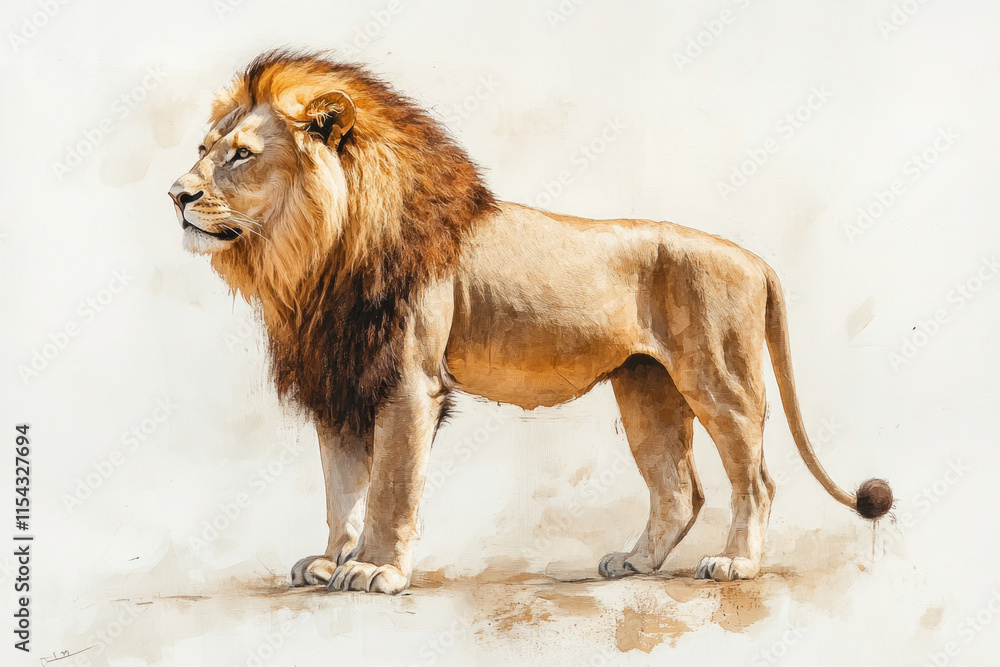 Obraz premium Watercolor painting: Majestic lion with flowing mane, intense gaze, set against a soft, abstract background. Vibrant colors, detailed brushwork capture the wild beauty.