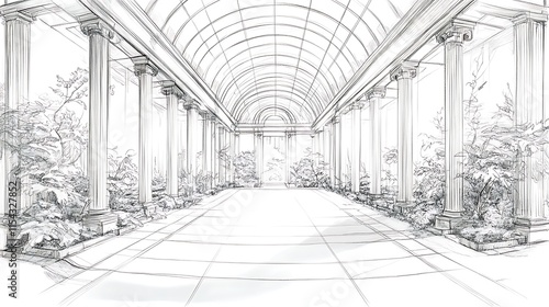Elegant Architectural Sketch: Serene Colonnade Illustration, Detailed Perspective. AI Generated