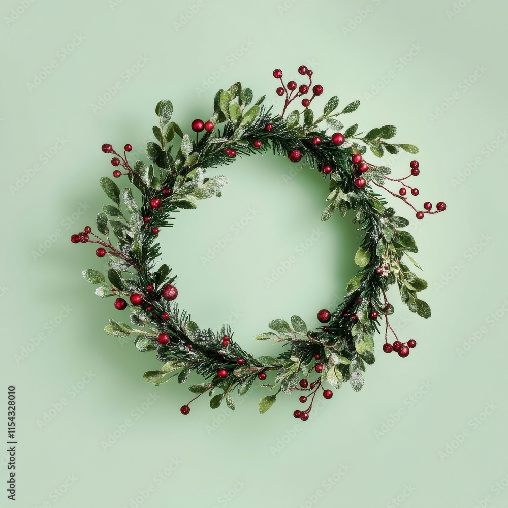A beautiful green wreath adorned with red berries and leaves against a soft pastel backdrop. A beautiful green wreath adorned with red berries and leaves against a soft pastel backdrop.