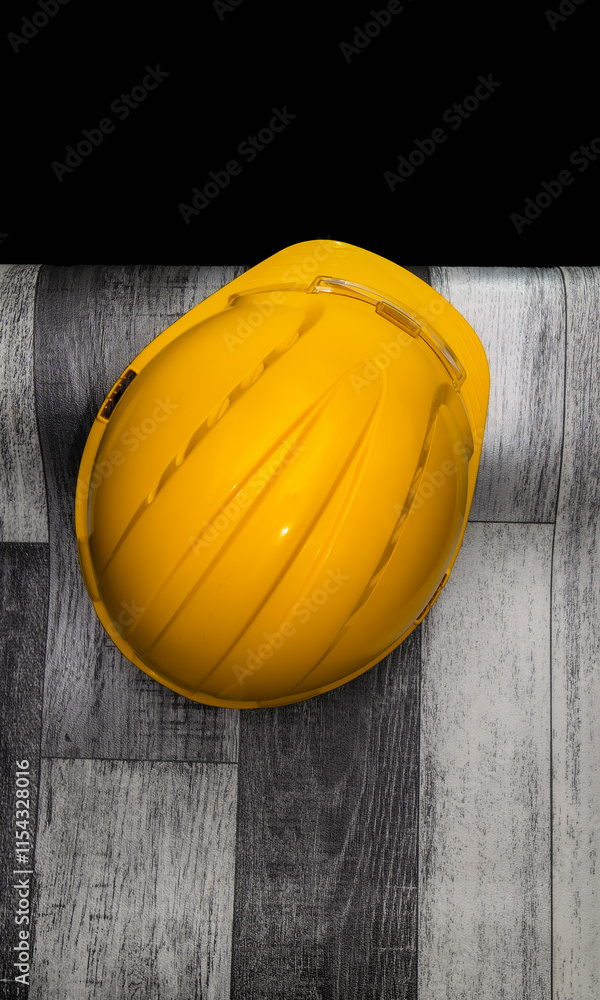 Yellow hard hat resting on construction site floor
