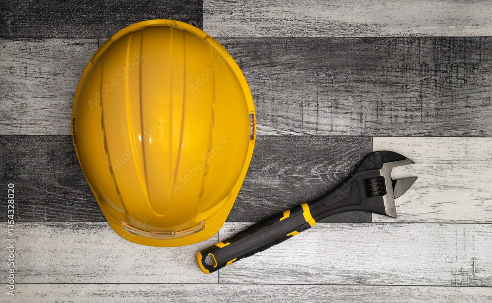Construction tools placed on a wooden surface, ready for use
