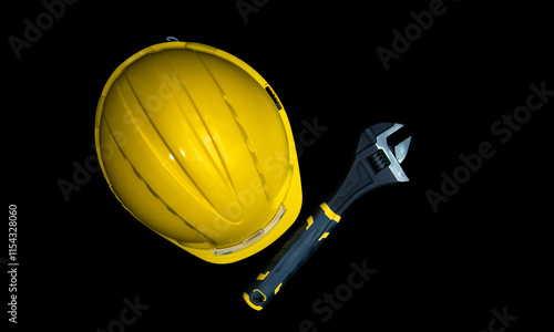 Obraz na płótnie Yellow hard hat and adjustable wrench on black background w salonie