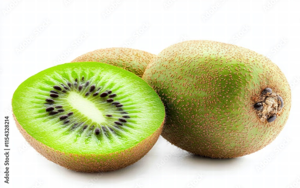 A perfectly sliced kiwi with vibrant green flesh and black seeds, isolated on a bright white background A perfectly sliced kiwi with vibrant green flesh and black seeds, isolated on a bright white background