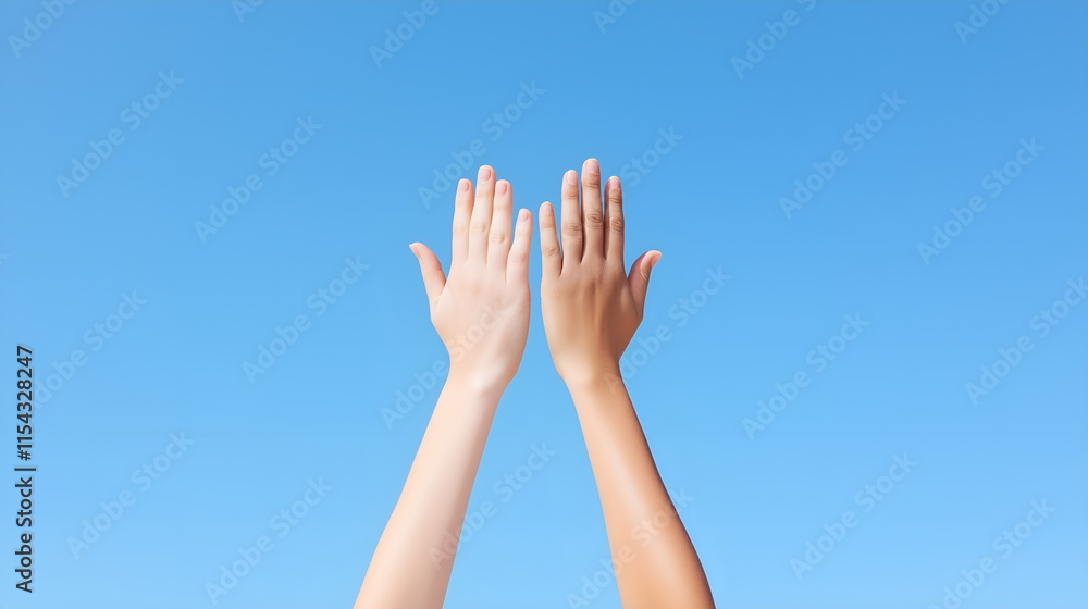 Intertwined female hands raised upward, framed against a clear blue sky, sunlight shining through their fingers, symbolizing hope and unity Intertwined female hands raised upward, framed against a clear blue sky, sunlight shining through their fingers, symbolizing hope and unity