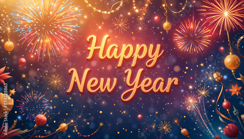 Wallpaper Mural Happy New Year Fireworks Celebration! A vibrant illustration of fireworks, festive decorations, and the words \ Torontodigital.ca