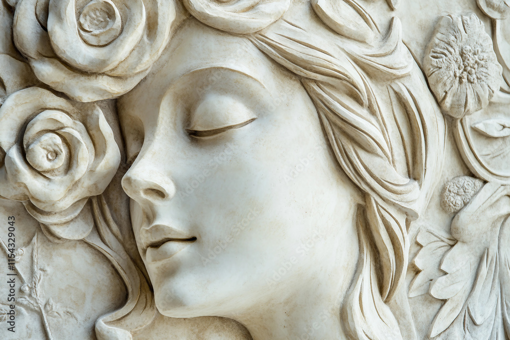 A white bas-relief showing a woman's face with flowers and flowing hair, generative AI technology A white bas-relief showing a woman's face with flowers and flowing hair, generative AI technology