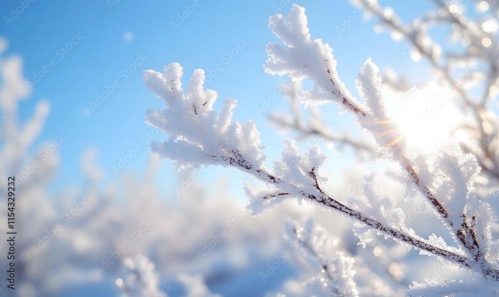 Twigs Encased in Hoarfrost Shimmering with Sun Flares in a Tranquil Scene Twigs Encased in Hoarfrost Shimmering with Sun Flares in a Tranquil Scene