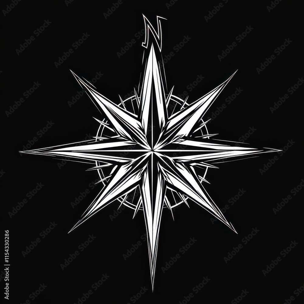 Fototapeta premium Stylized compass rose illustration in black and white, featuring sharp, angular design elements.