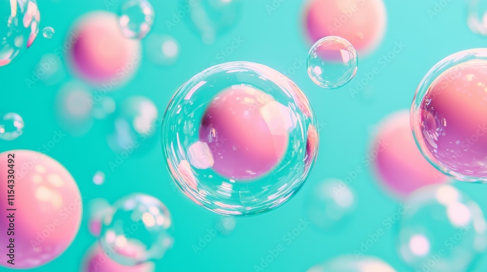 Colorful bubbles float against a soft turquoise background, featuring pink centers that give a playful, dreamy atmosphere. Colorful bubbles float against a soft turquoise background, featuring pink centers that give a playful, dreamy atmosphere.