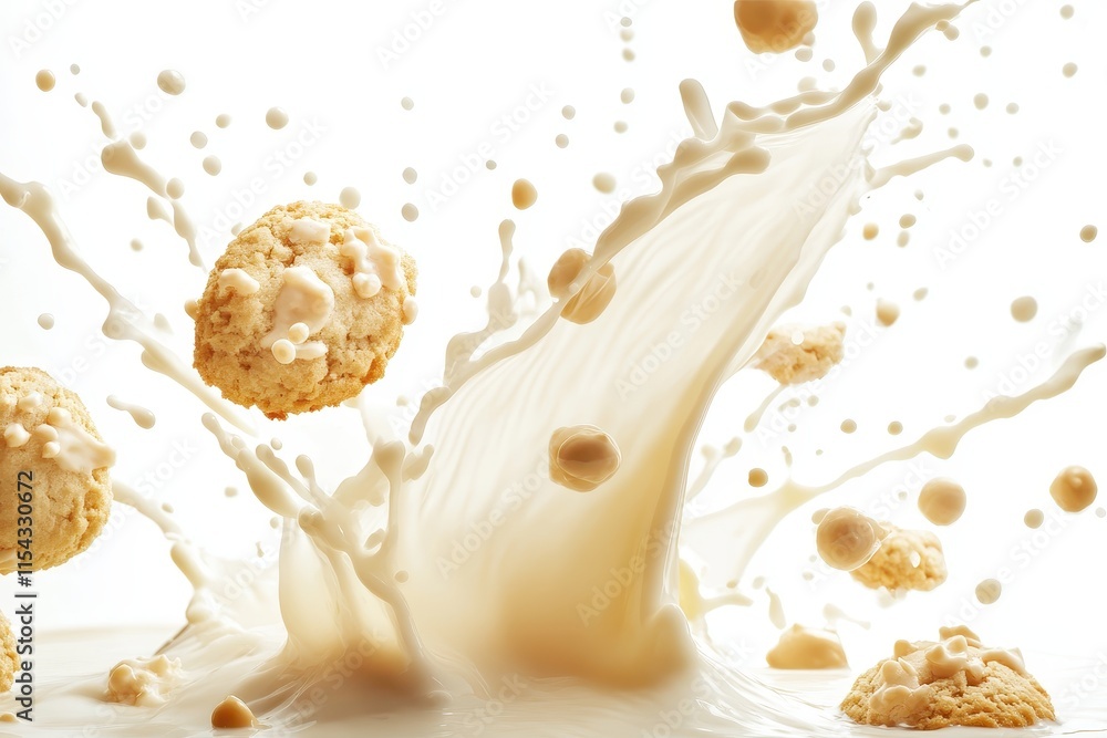 Naklejka premium Milk splashing with cookies immersed in a creamy texture on a bright background
