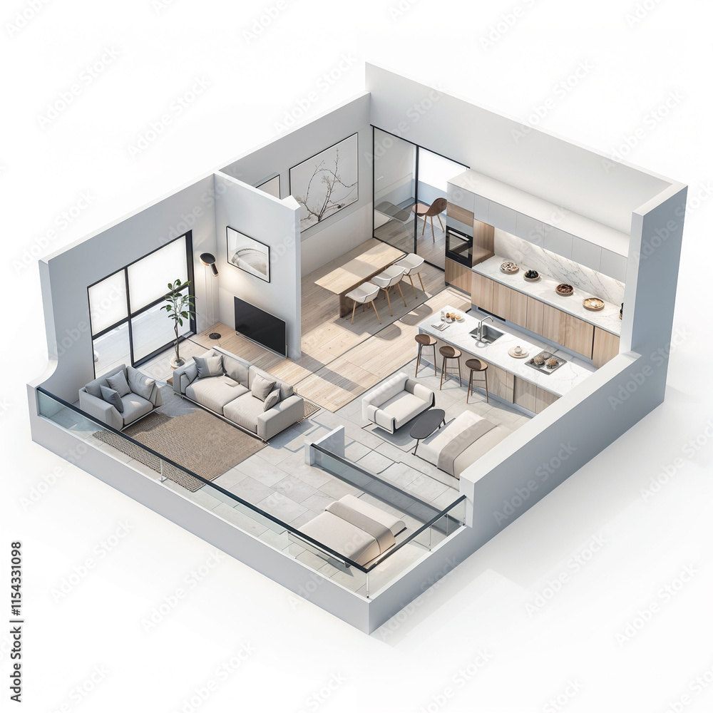 Contemporary open-concept living area featuring sleek kitchen design, integrated dining space, comfortable lounge seating, large windows, and sophisticated neutral color palette Contemporary open-concept living area featuring sleek kitchen design, integrated dining space, comfortable lounge seating, large windows, and sophisticated neutral color palette
