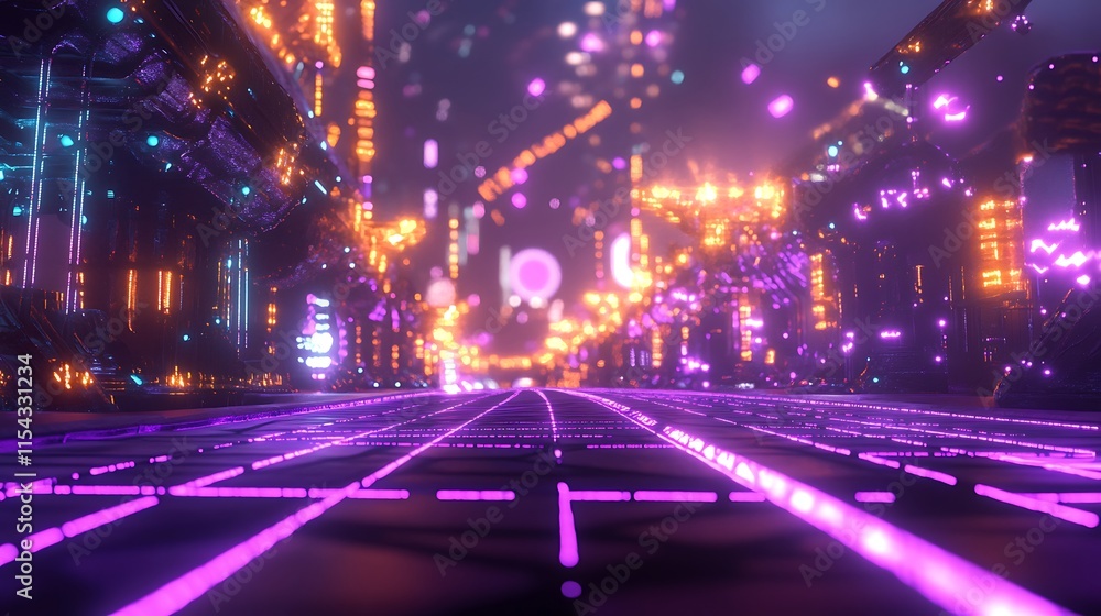 Obraz premium Vibrant Futuristic Cityscape: A Stunning 3D Render in Electric Neon Style. AI Generated