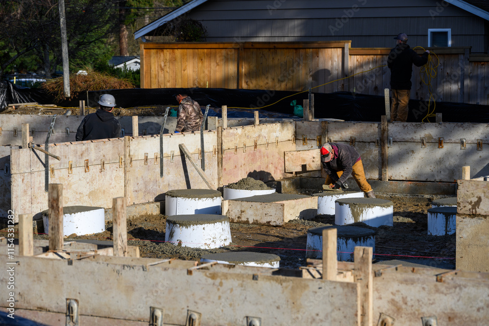 Construction worker with trowel smoothing out fresh poured wet cement in foundation footing form, winter house building project job site
Construction worker with trowel smoothing out fresh poured wet cement in foundation footing form, winter house building project job site