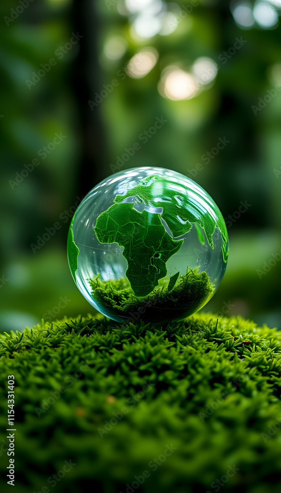Environment. Glass Globe On Grass Moss In Forest - Green Planet With Abstract Defocused Bokeh Lights - Environmental Conservation Concept, simple style, with white tones Environment. Glass Globe On Grass Moss In Forest - Green Planet With Abstract Defocused Bokeh Lights - Environmental Conservation Concept, simple style, with white tones