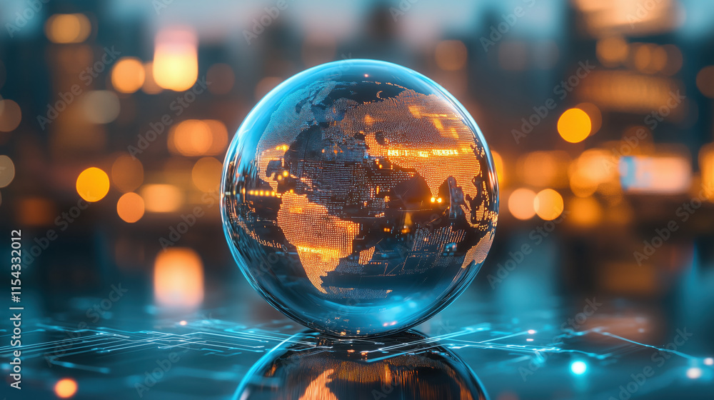 Futuristic 3D Glass Globe with Glowing Circuitry Depicting Global Supply Chains and Logistics Futuristic 3D Glass Globe with Glowing Circuitry Depicting Global Supply Chains and Logistics