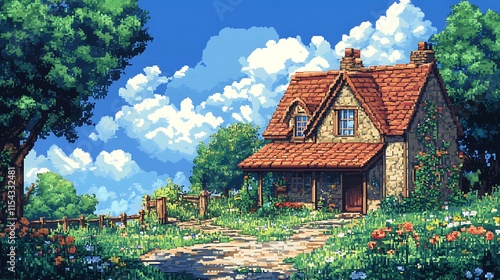 Charming Cottage Illustration: Vibrant Summer Day Digital Painting in a Lush, Whimsical Style. AI Generated
