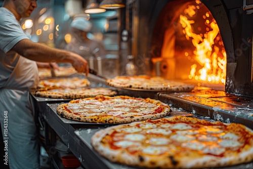 A chef in a white uniform retrieves two freshly baked pizzas from a large oven in a lively pizzeria kitchen. The environment is filled with preparation equipment and vibrant food aromas photo