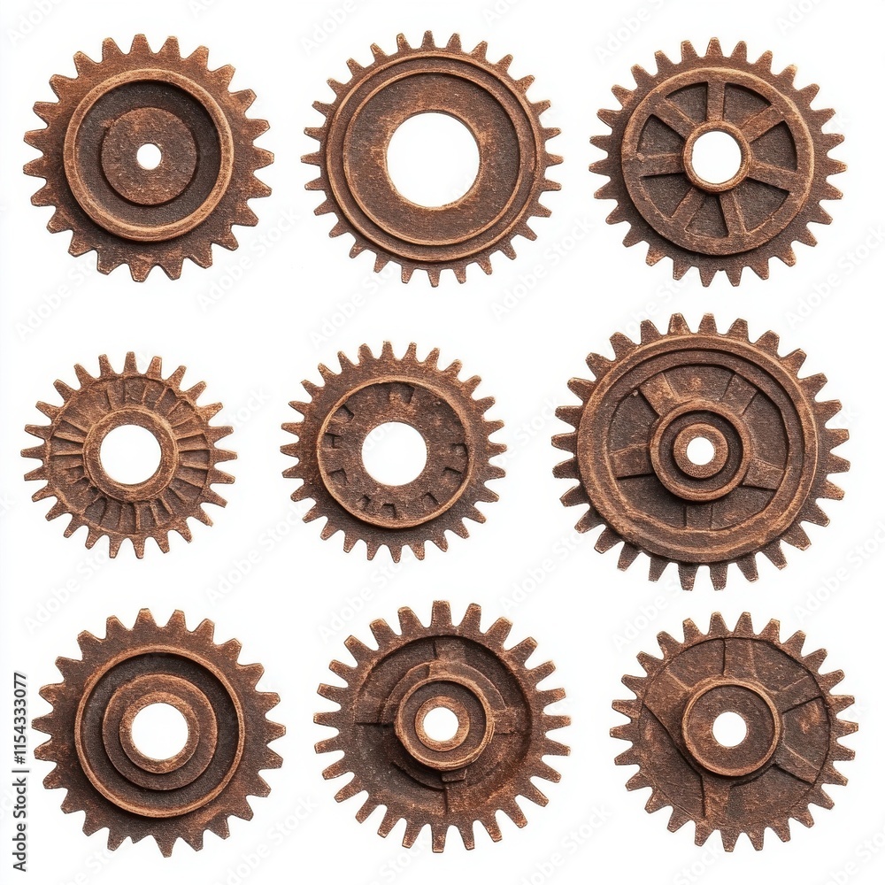 A collection of rusted metal gears arranged in a grid pattern, showcasing vintage machinery aesthetics. A collection of rusted metal gears arranged in a grid pattern, showcasing vintage machinery aesthetics.