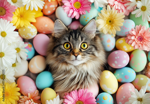 Easter-Themed Photo with Colorful Eggs, a Cute Fluffy Cat Peeking Out, and Vibrant Spring Flowers