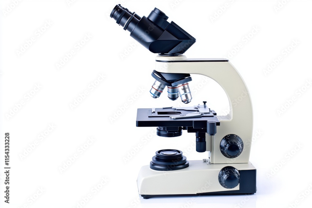 A close-up view of a laboratory microscope on a white background, showcasing its detailed design and optics. A close-up view of a laboratory microscope on a white background, showcasing its detailed design and optics.