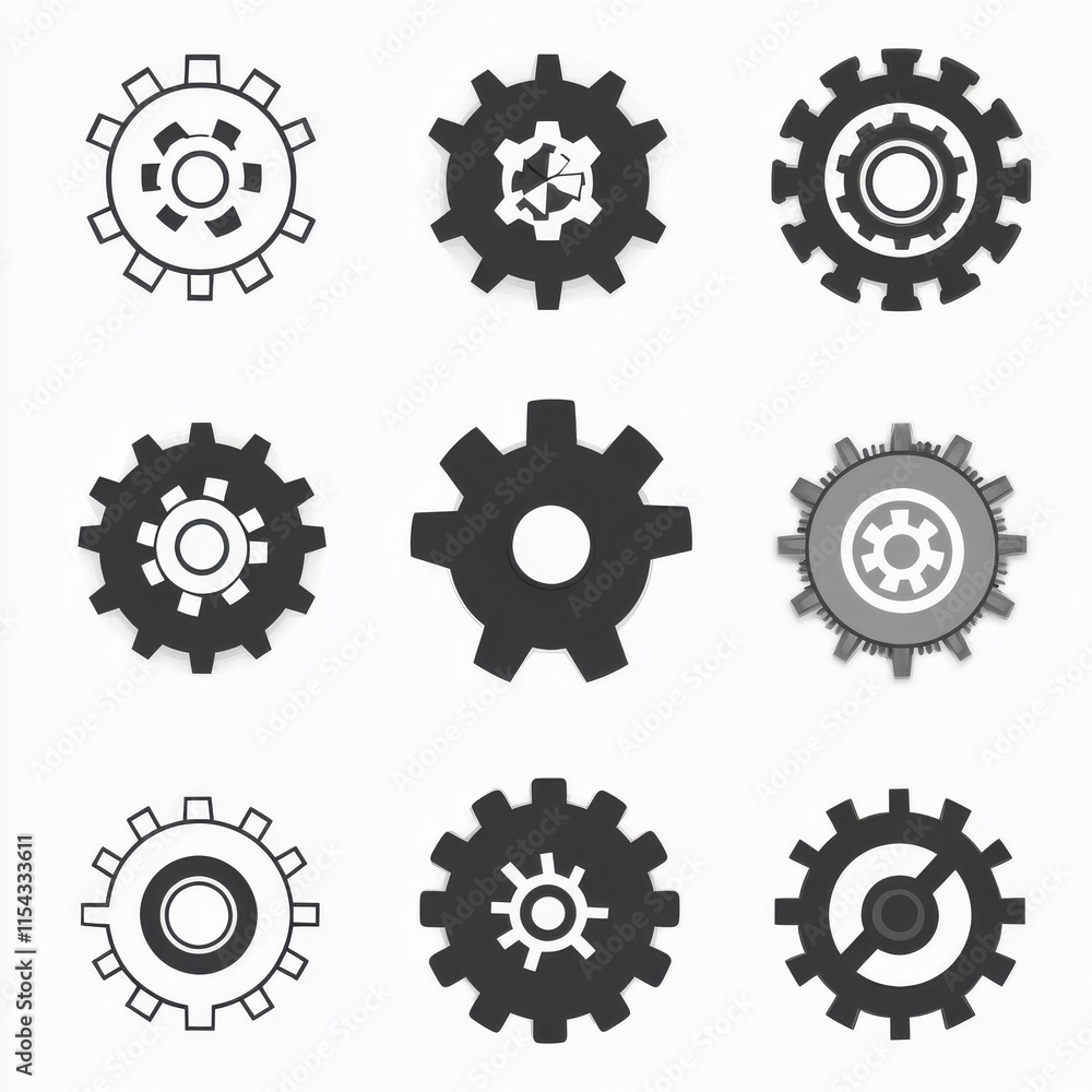 A collection of nine diverse gear illustrations in black and gray showcasing various designs and shapes. A collection of nine diverse gear illustrations in black and gray showcasing various designs and shapes.