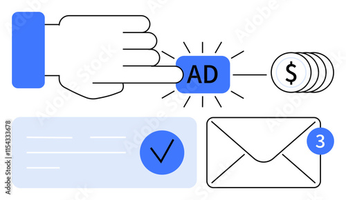Hand clicks ad button, coins stack for payments, mail icon with notification, and approved document with checkmark. Ideal for digital marketing, advertising, email campaigns, finance, online
