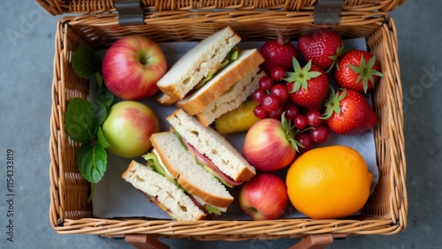 The image is of a picnic basket filled with various fruits and vegetables. The basket is made of wicker and has a handle on the top for easy carrying. photo