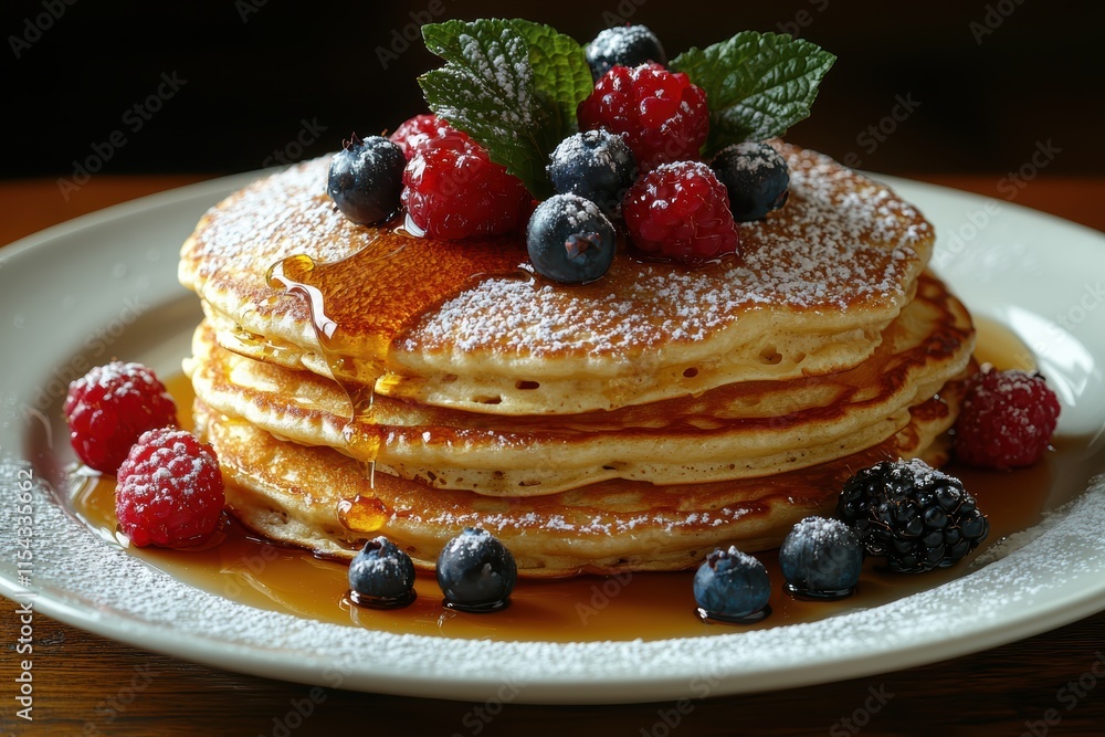 Delicious pancake stack with berries and syrup cozy kitchen table setting food photography warm atmosphere close-up breakfast delight Delicious pancake stack with berries and syrup cozy kitchen table setting food photography warm atmosphere close-up breakfast delight