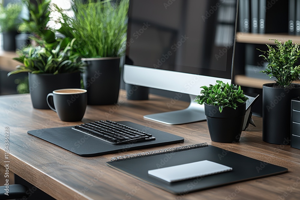 Modern office setup with high-fidelity desktop indoor plants ergonomic design bright workspace clean aesthetic for productivity