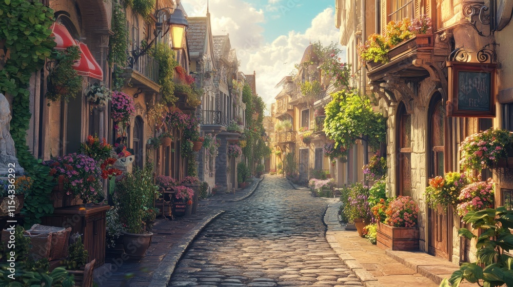 Obraz premium A picturesque cobblestone street lined with charming buildings, vibrant flowers, and a warm, sunny atmosphere.